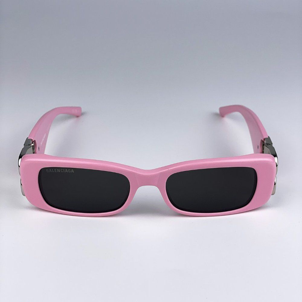 Balenciaga Bb0096s 012 Sunglasses Pink Silver Logo Grey Rectangle Unisex